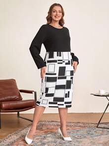EMERY ROSE Plus Geo Print Dress - Black and White - View 6