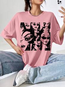 SHEIN EZwear 人像圖案落肩T恤 - 珊瑚粉 - 查看 1