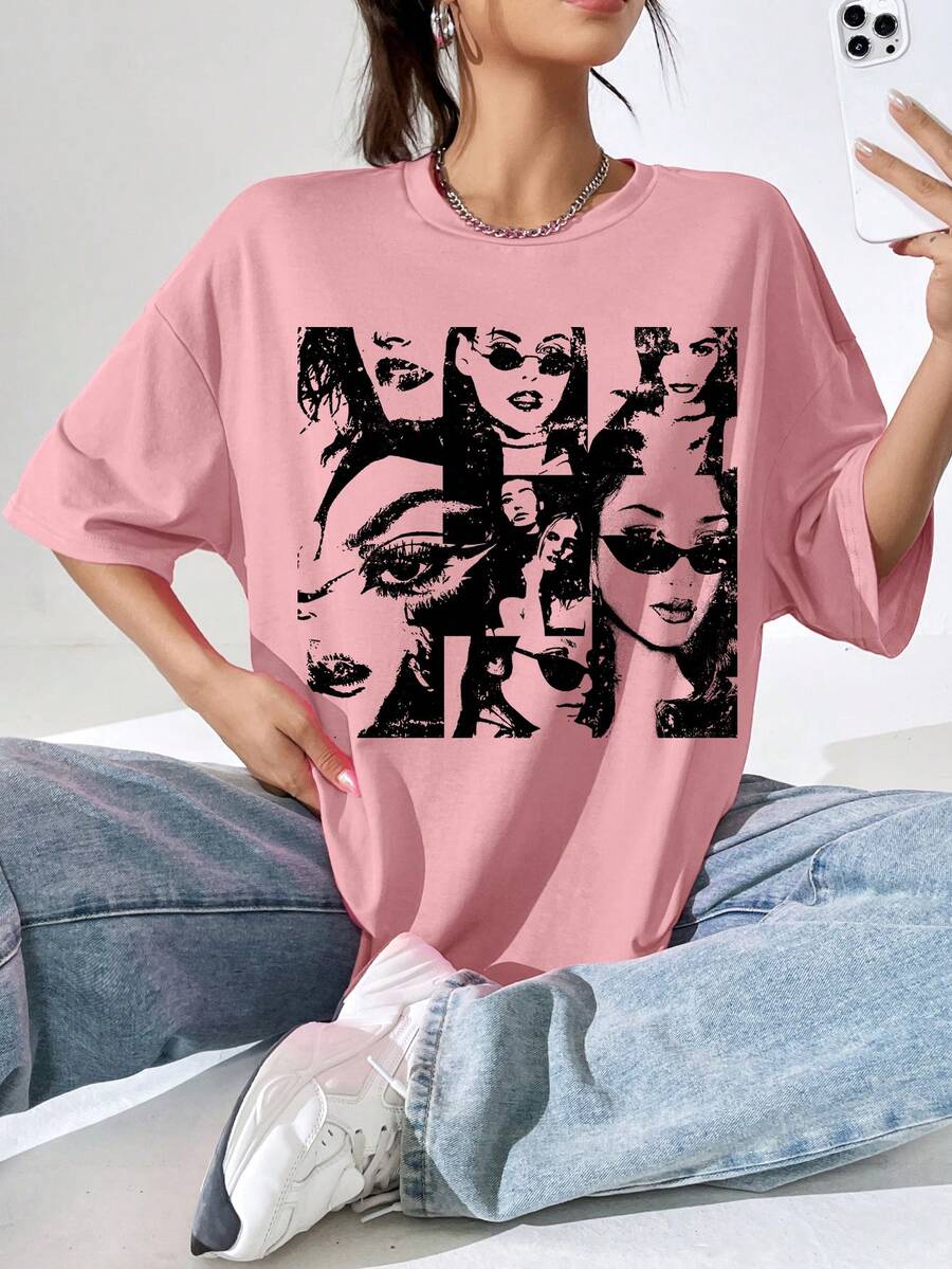 SHEIN EZwear 人像圖案落肩T恤 - 珊瑚粉 - 查看 1