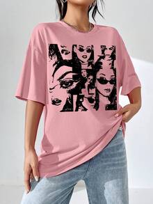 SHEIN EZwear 人像圖案落肩T恤 - 珊瑚粉 - 查看 5