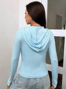 SHEIN EZwear 拉鏈開襟抽繩連帽衛衣 - 藍色 - 查看 2