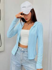 SHEIN EZwear 拉鏈開襟抽繩連帽衛衣 - 藍色 - 查看 3