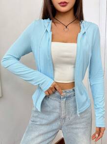 SHEIN EZwear 拉鏈開襟抽繩連帽衛衣 - 藍色 - 查看 4