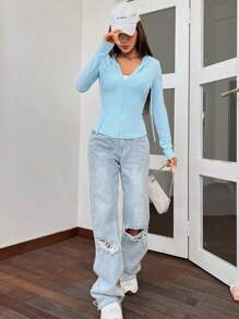 SHEIN EZwear 拉鏈開襟抽繩連帽衛衣 - 藍色 - 查看 5