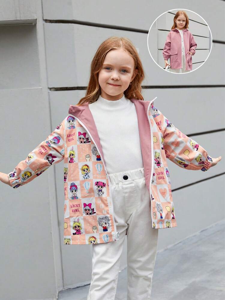 Young Girl Cartoon Graphic Two Ways Hooded Coat