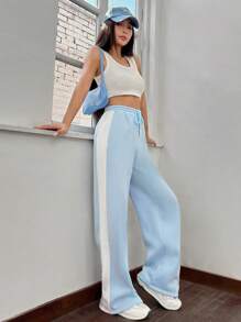 SHEIN EZwear Contrast Side Seam Drawstring Waist Sweatpants - Baby Blue - View 1