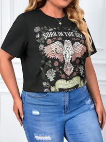 SHEIN LUNE 大碼花卉圖案&老鷹印花T恤 - 黑色 - 查看 4