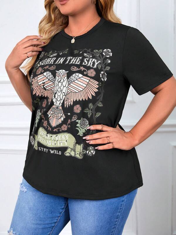 SHEIN LUNE 大碼花卉圖案&老鷹印花T恤