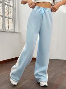 SHEIN EZwear Contrast Side Seam Drawstring Waist Sweatpants - Baby Blue - View 3