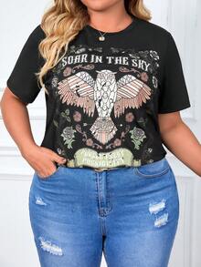 SHEIN LUNE 大碼花卉圖案&老鷹印花T恤 - 黑色 - 查看 5