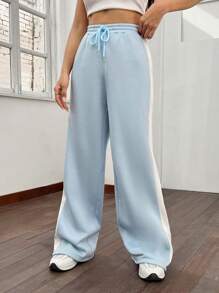 SHEIN EZwear Contrast Side Seam Drawstring Waist Sweatpants - Baby Blue - View 6