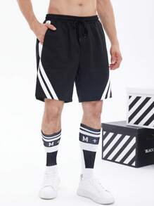 Manfinity Campus Court 男士拼接面腰部抽繩短褲 - 黑與白 - 查看 1