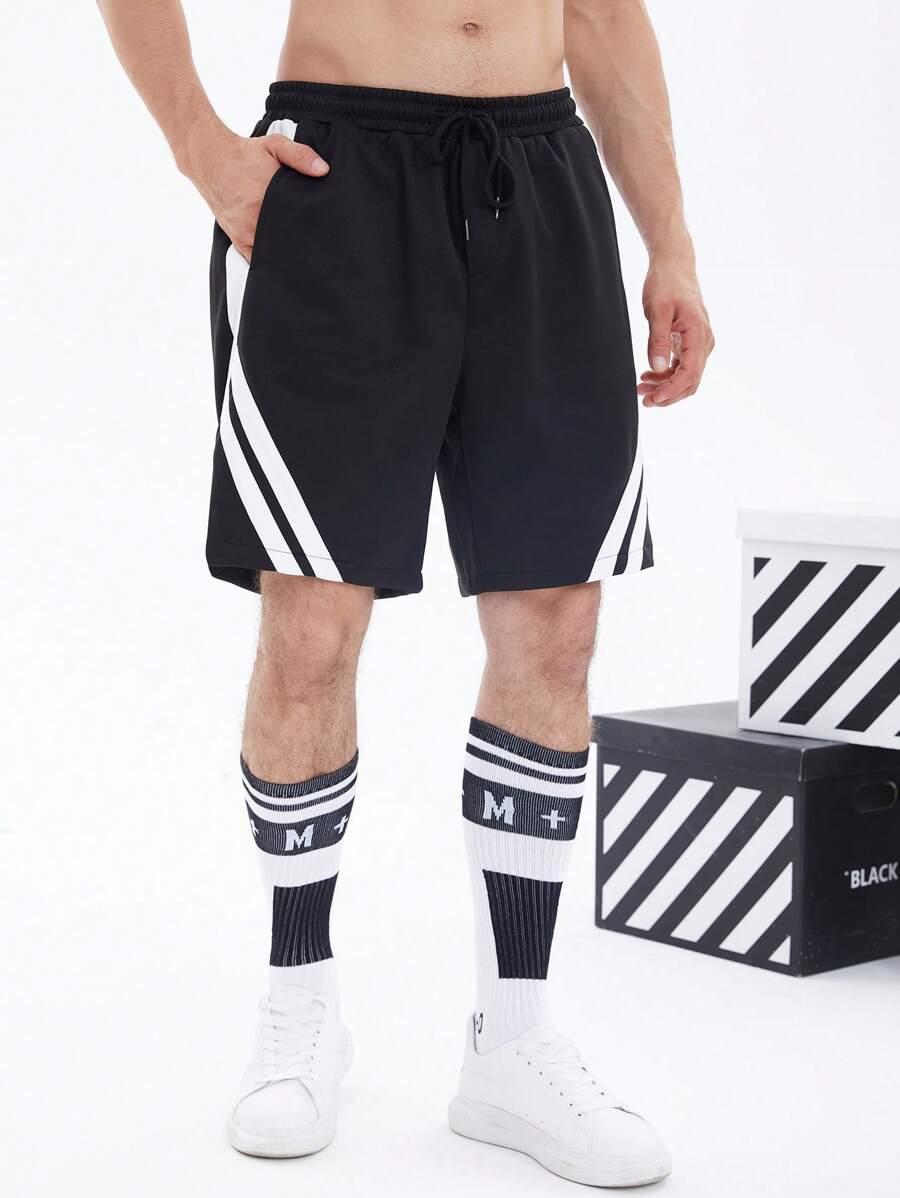 Manfinity Campus Court 男士拼接面腰部抽繩短褲 - 黑與白 - 查看 1