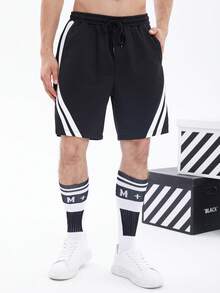 Manfinity Campus Court 男士拼接面腰部抽繩短褲 - 黑與白 - 查看 4