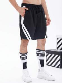Manfinity Campus Court 男士拼接面腰部抽繩短褲 - 黑與白 - 查看 5