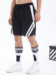 Manfinity Campus Court 男士拼接面腰部抽繩短褲 - 黑與白 - 查看 6