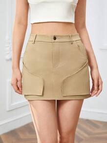 SHEINNeu Falda unicolor con bolsillo oblicuo - Caqui - Ver 1