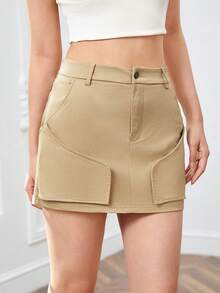 SHEINNeu Falda unicolor con bolsillo oblicuo - Caqui - Ver 5