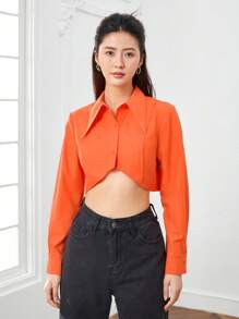 SHEINNeu Solid Button Detail High-low Hem Crop Shirt - Orange - View 1