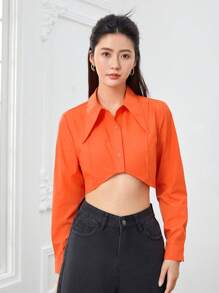 SHEINNeu Solid Button Detail High-low Hem Crop Shirt - Orange - View 3
