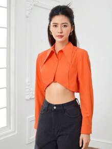 SHEINNeu Solid Button Detail High-low Hem Crop Shirt - Orange - View 4