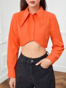 SHEINNeu Solid Button Detail High-low Hem Crop Shirt - Orange - View 6