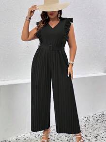 SHEIN Clasi Plus Kant med Volanger Veckade Bälte Jumpsuit med Breda Ben - Svart - Visa 1