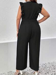 SHEIN Clasi Plus Kant med Volanger Veckade Bälte Jumpsuit med Breda Ben - Svart - Visa 2