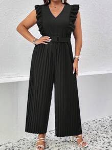 SHEIN Clasi Plus Kant med Volanger Veckade Bälte Jumpsuit med Breda Ben - Svart - Visa 3