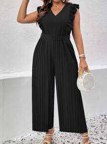 SHEIN Clasi Plus Kant med Volanger Veckade Bälte Jumpsuit med Breda Ben - Svart - Visa 5