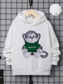 SHEIN 男大童卡通圖案連帽加絨內裏運動衫 - 白色 - 查看 1