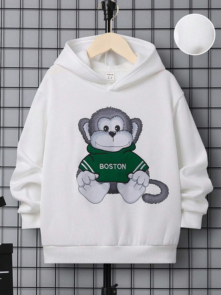 SHEIN 男大童卡通圖案連帽加絨內裏運動衫 - 白色 - 查看 1