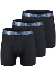 男士3入組幾何印花織帶拼接頂針平角內褲 - 黑色 - 查看 1