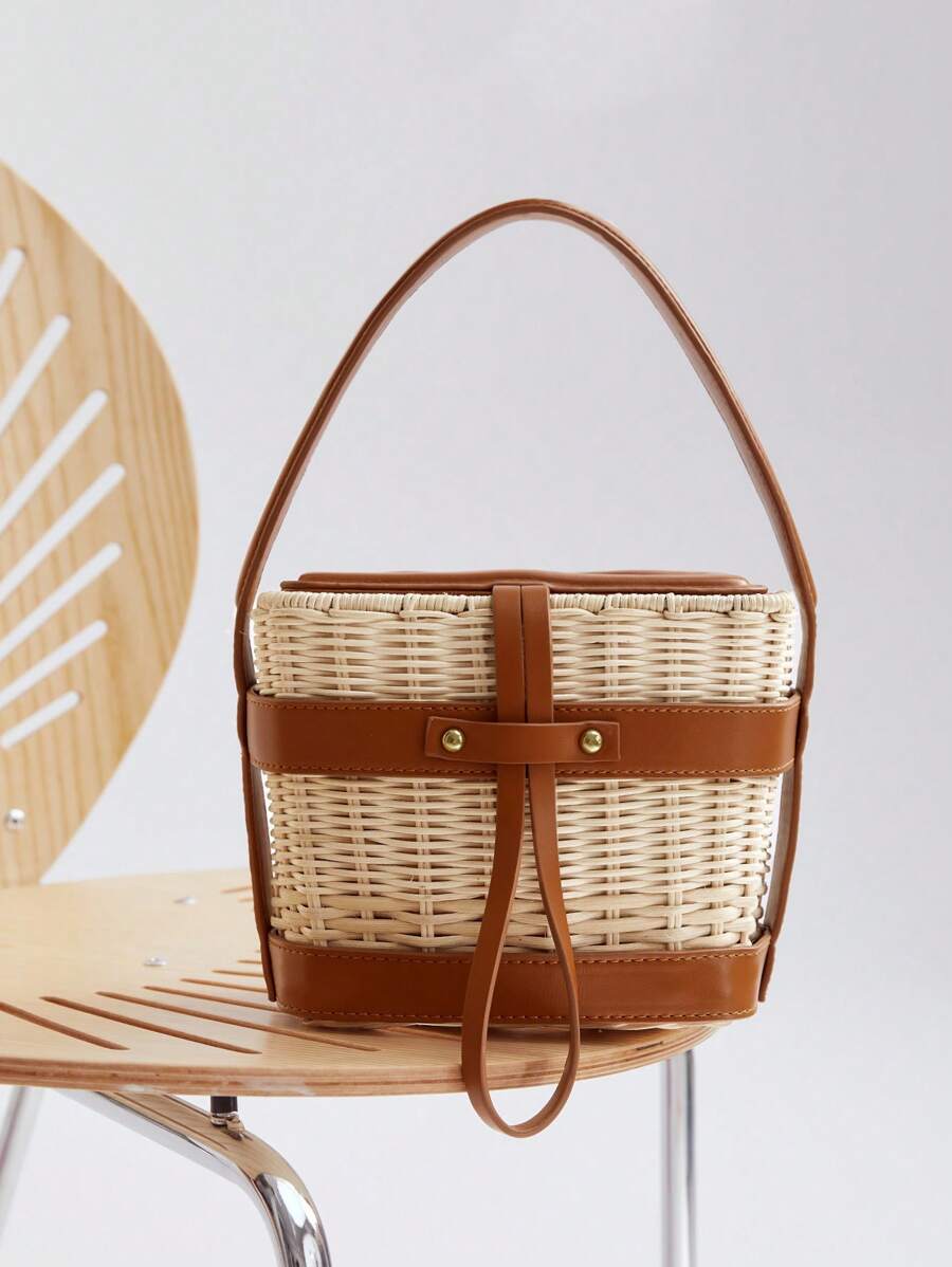 MOTF PREMIUM WOVEN PU LEATHER TRIM BUCKET BAG - Brown - View 1