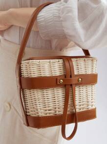 MOTF PREMIUM WOVEN PU LEATHER TRIM BUCKET BAG - Brown - View 2