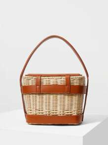 MOTF PREMIUM WOVEN PU LEATHER TRIM BUCKET BAG - Brown - View 5