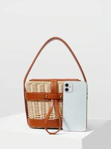 MOTF PREMIUM WOVEN PU LEATHER TRIM BUCKET BAG - Brown - View 6