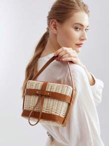 MOTF PREMIUM WOVEN PU LEATHER TRIM BUCKET BAG - Brown - View 7