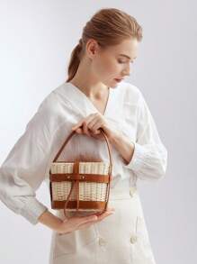 MOTF PREMIUM WOVEN PU LEATHER TRIM BUCKET BAG - Brown - View 8