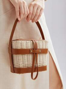 MOTF PREMIUM WOVEN PU LEATHER TRIM BUCKET BAG - Brown - View 10