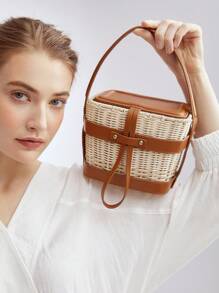 MOTF PREMIUM WOVEN PU LEATHER TRIM BUCKET BAG - Brown - View 12