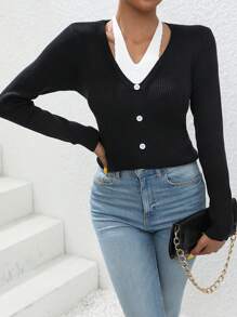 SHEIN LUNE 2 In 1 Button Front Ribbed Knit Jumper - Black - View 1