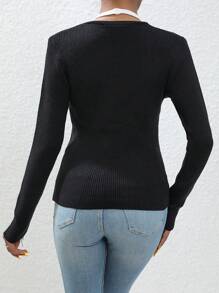 SHEIN LUNE 2 In 1 Button Front Ribbed Knit Jumper - Black - View 2