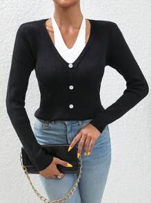 SHEIN LUNE 2 In 1 Button Front Ribbed Knit Jumper - Black - View 4