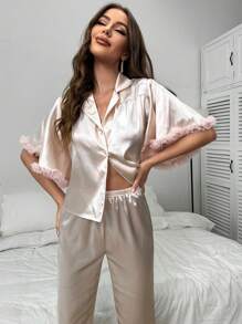 網紗邊緞面睡衣套裝 - 淺粉色 - 查看 4