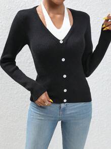 SHEIN LUNE 2 In 1 Button Front Ribbed Knit Jumper - Black - View 5