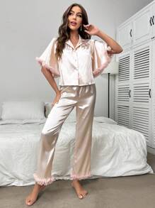 網紗邊緞面睡衣套裝 - 淺粉色 - 查看 5