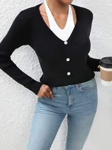 SHEIN LUNE 2 In 1 Button Front Ribbed Knit Jumper - Black - View 6