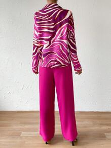 SHEIN Clasi 滿版印花襯衫&腰帶闊腿褲 - 玫紅色 - 查看 2