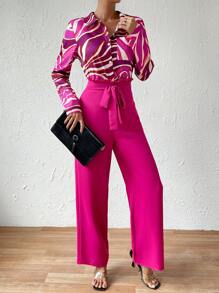 SHEIN Clasi 滿版印花襯衫&腰帶闊腿褲 - 玫紅色 - 查看 5